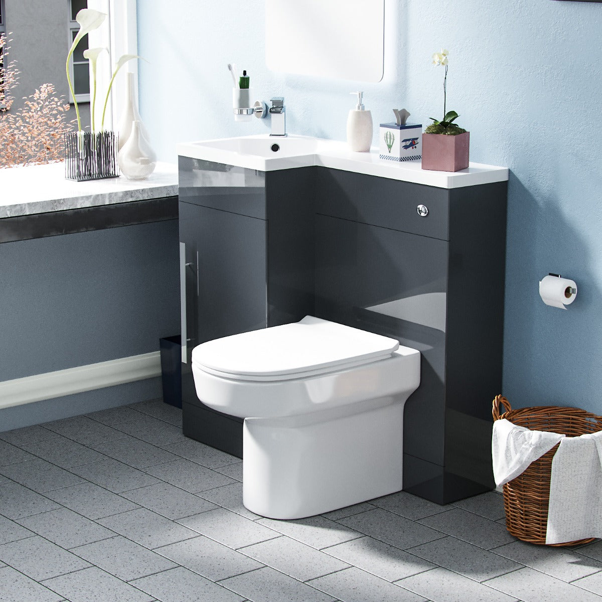 Alaska LH 900mm Flat Pack Vanity Basin Unit, WC Unit & Chem Back to Wall Toilet Grey