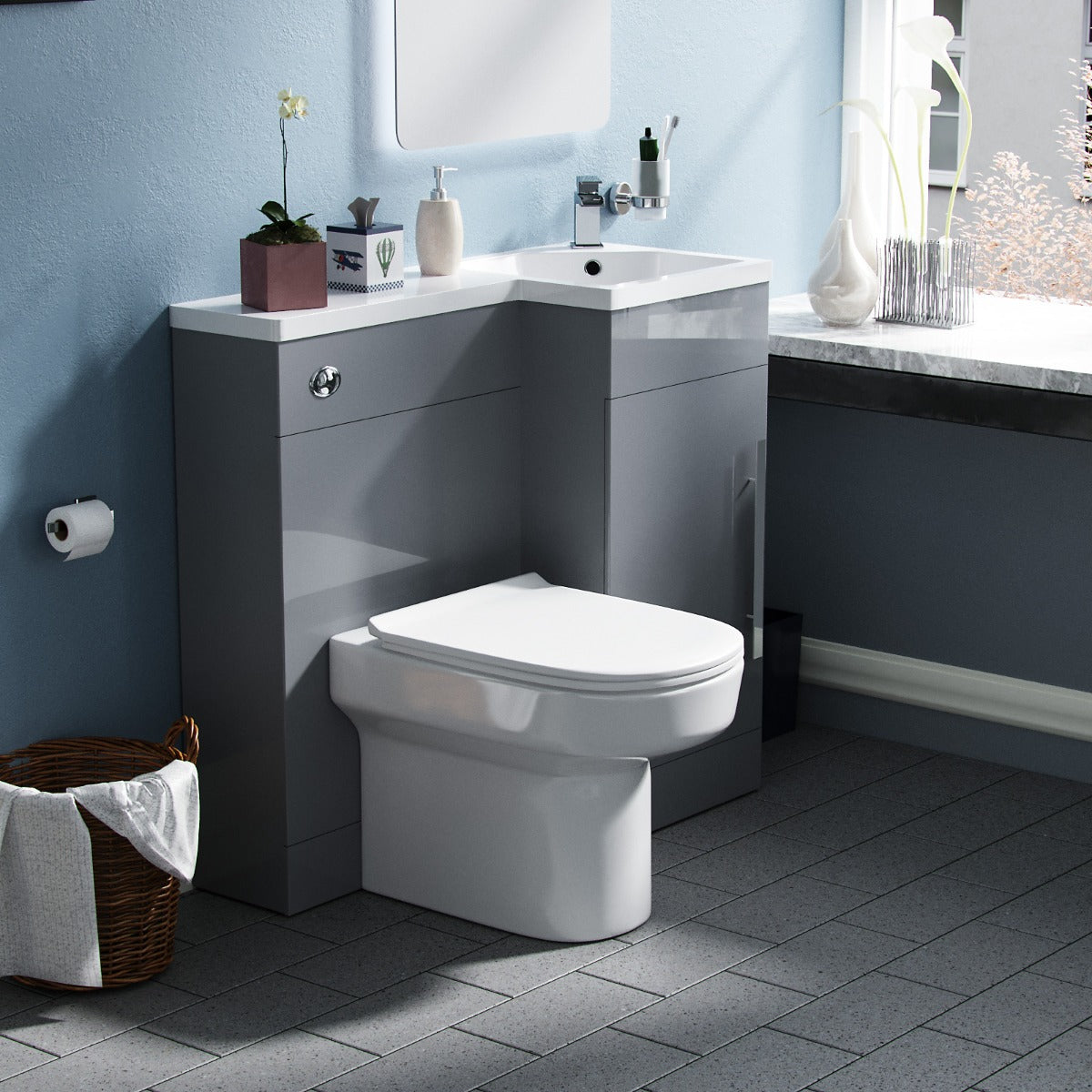 Alaska RH 900mm Vanity Basin Unit, WC Unit & Chem Back to Wall Toilet Grey