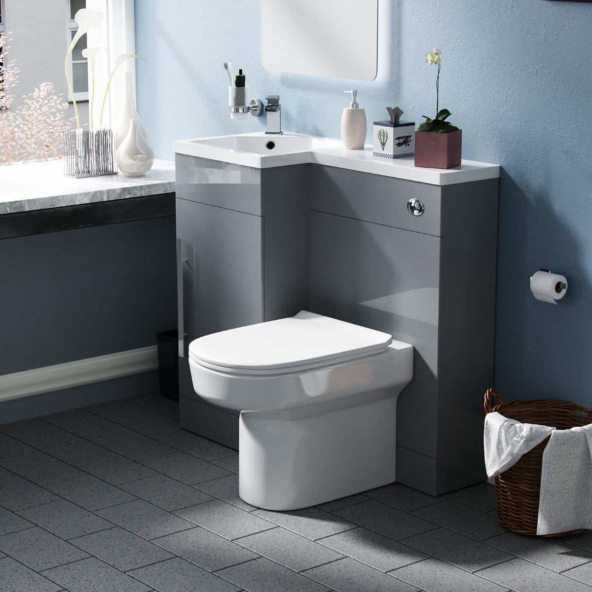 Alaska LH 900mm Flat Pack Vanity Basin Unit, WC Unit & Chem Back to Wall Toilet Grey