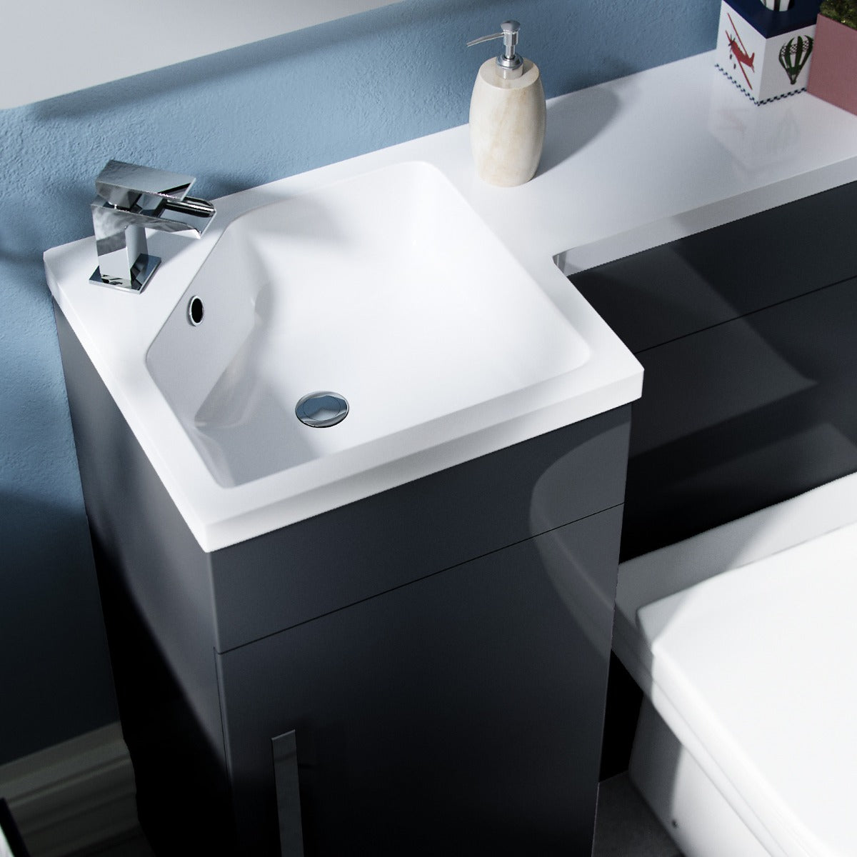 Alaska LH 900mm Flat Pack Vanity Basin Unit, WC Unit & Chem Back to Wall Toilet Grey