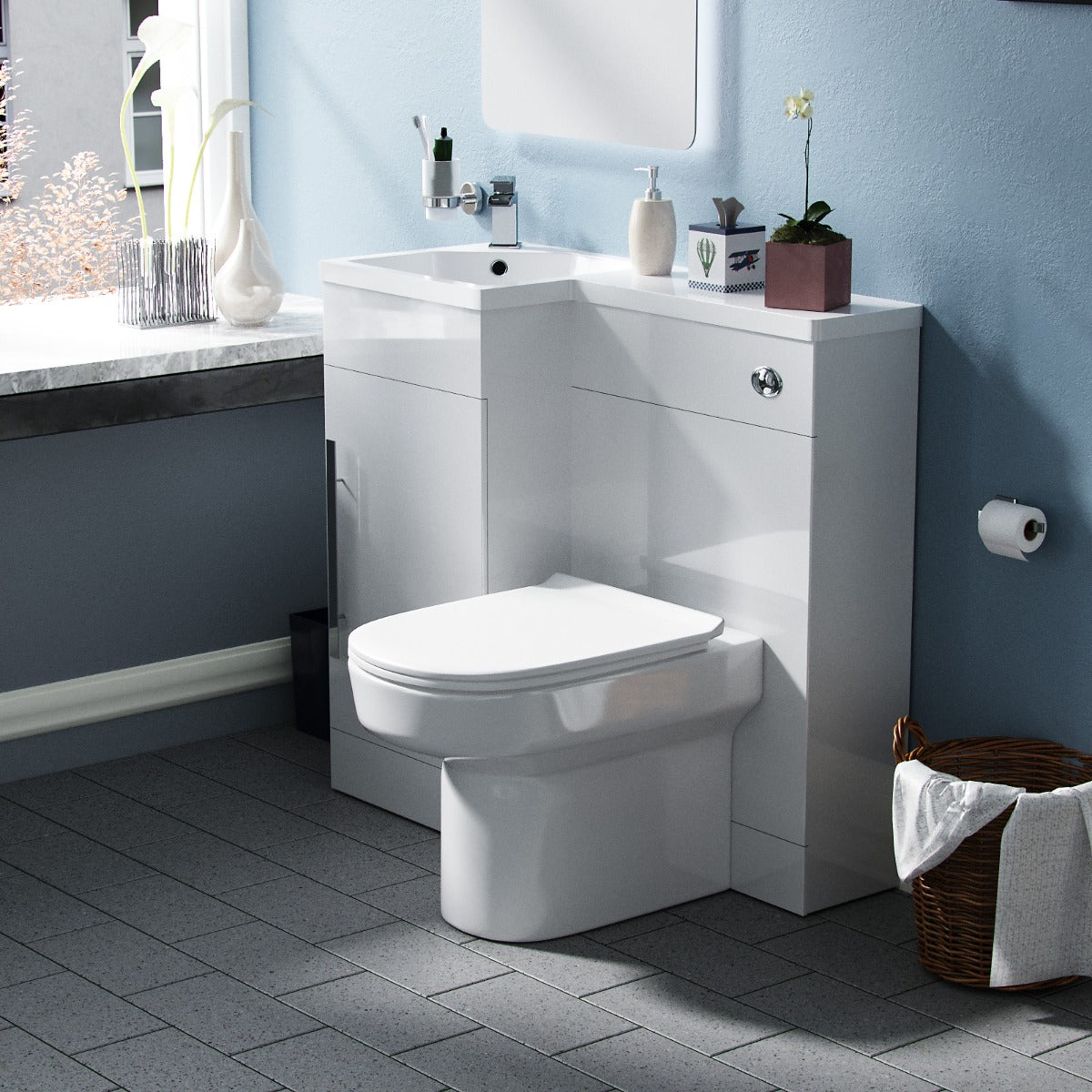 Alaska Left Hand 900mm Vanity Basin Unit, WC Unit & Chem Back to Wall Toilet White