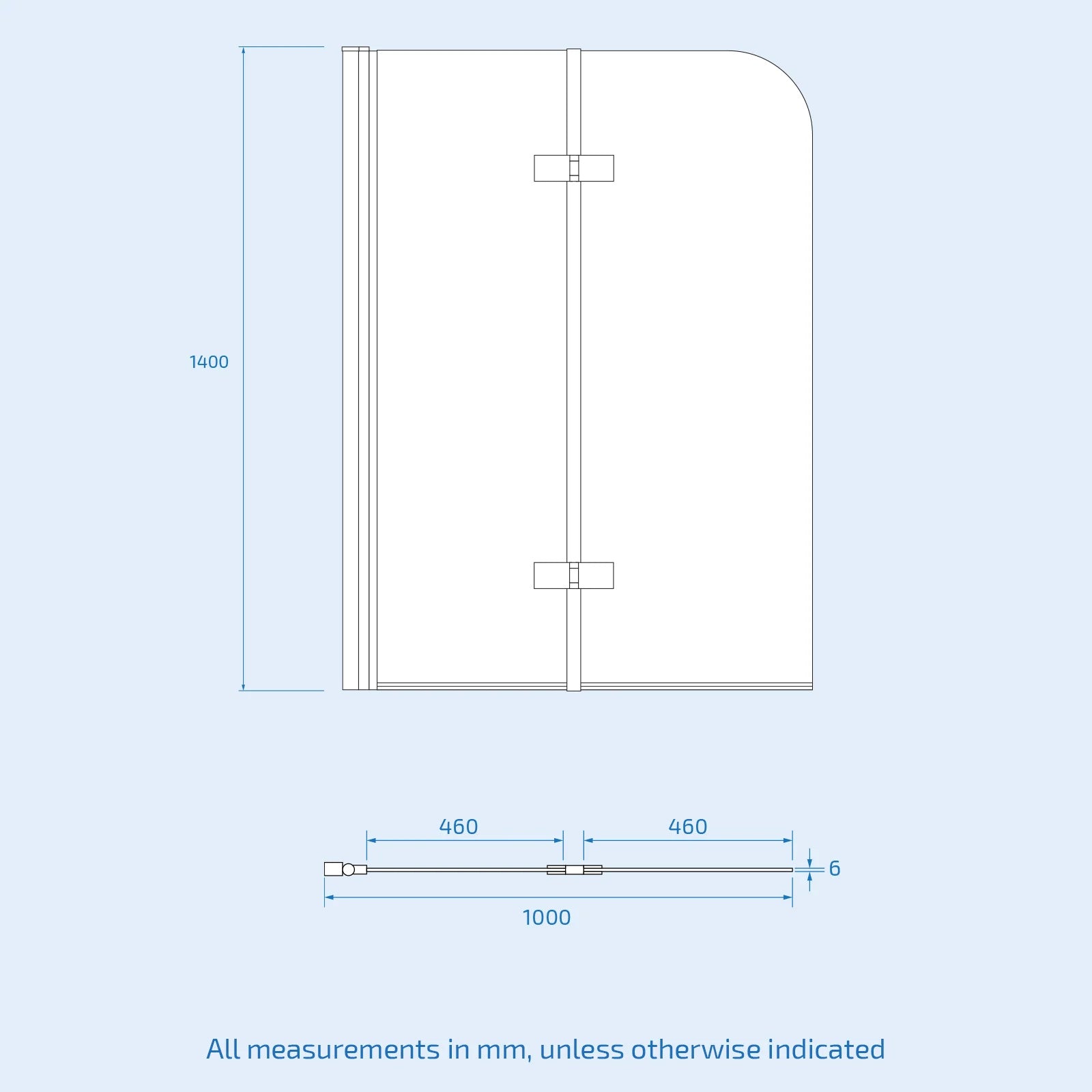 Hinged 1000 x 1400mm Bathtub Screen, 6mm Tempered Glass - Aluminium