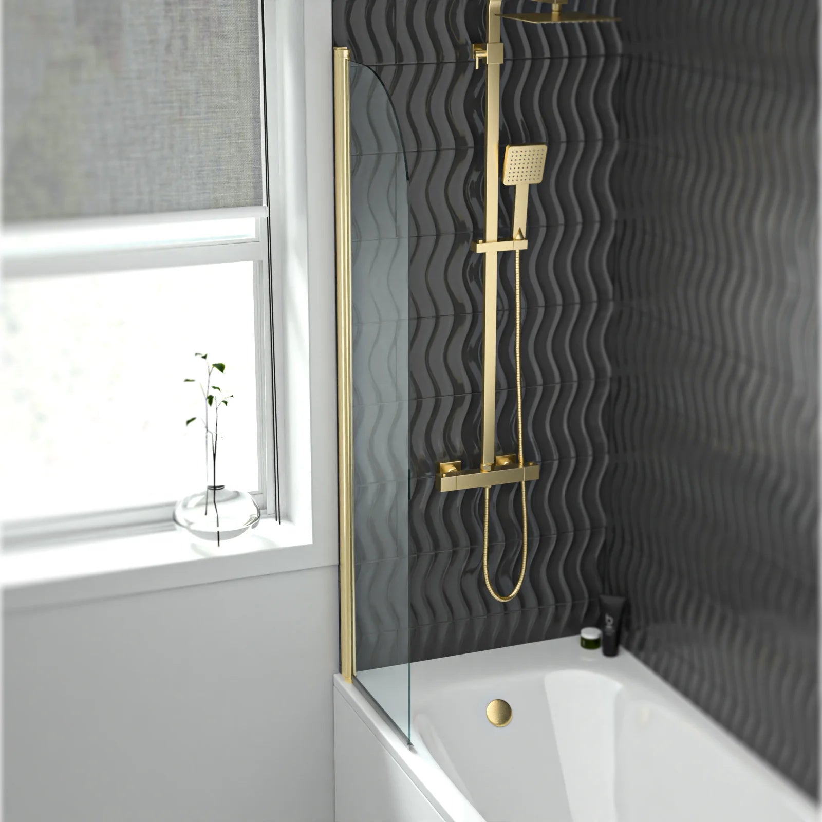 Hinged 400 x 1400mm Bathtub Screen, 5mm Tempered Glass - Brushed Brass