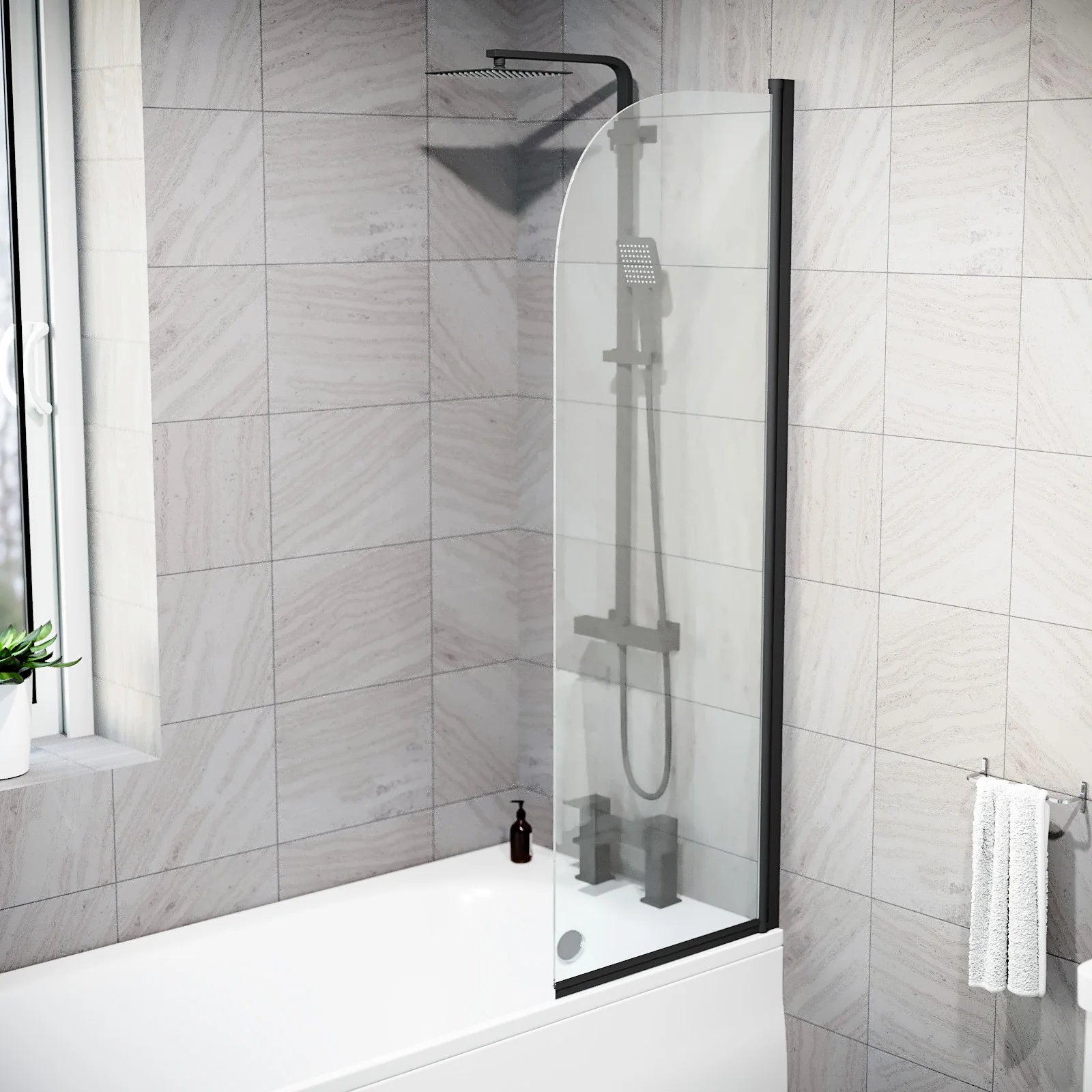 Hinged 400 x 1400mm Bathtub Screen, 5mm Tempered Glass - Matte Black