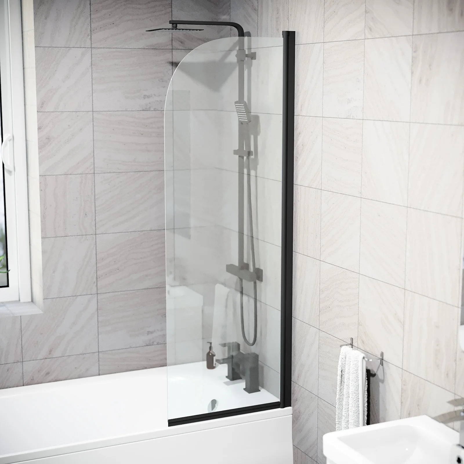 Hinged 500 x 1400mm Bathtub Screen, 5mm Tempered Glass - Matte Black
