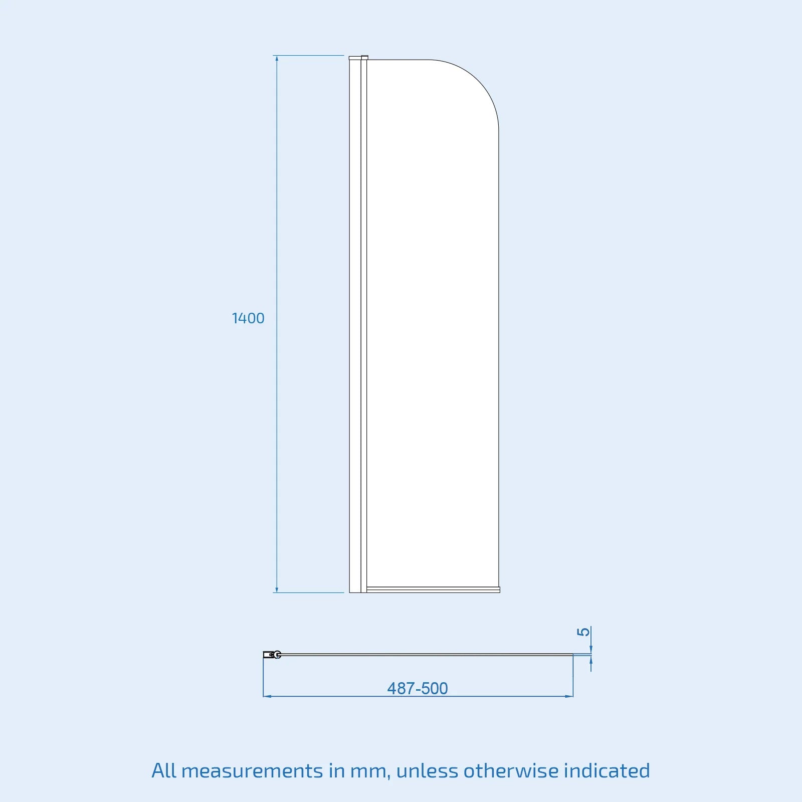 Hinged 500 x 1400mm Bathtub Screen, 5mm Tempered Glass - Matte Black