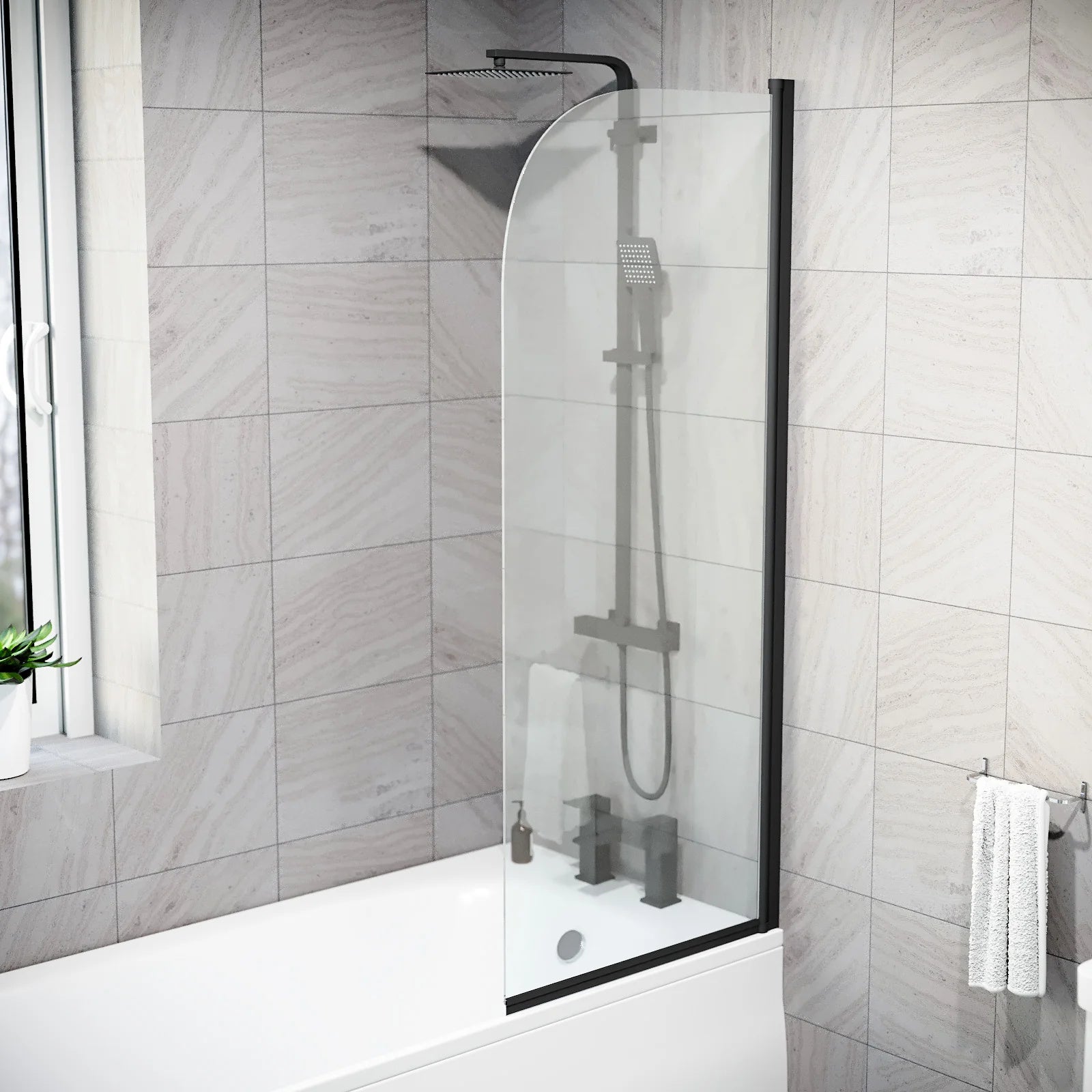 Hinged 600 x 1400mm Bathtub Screen, 5mm Tempered Glass - Matte Black