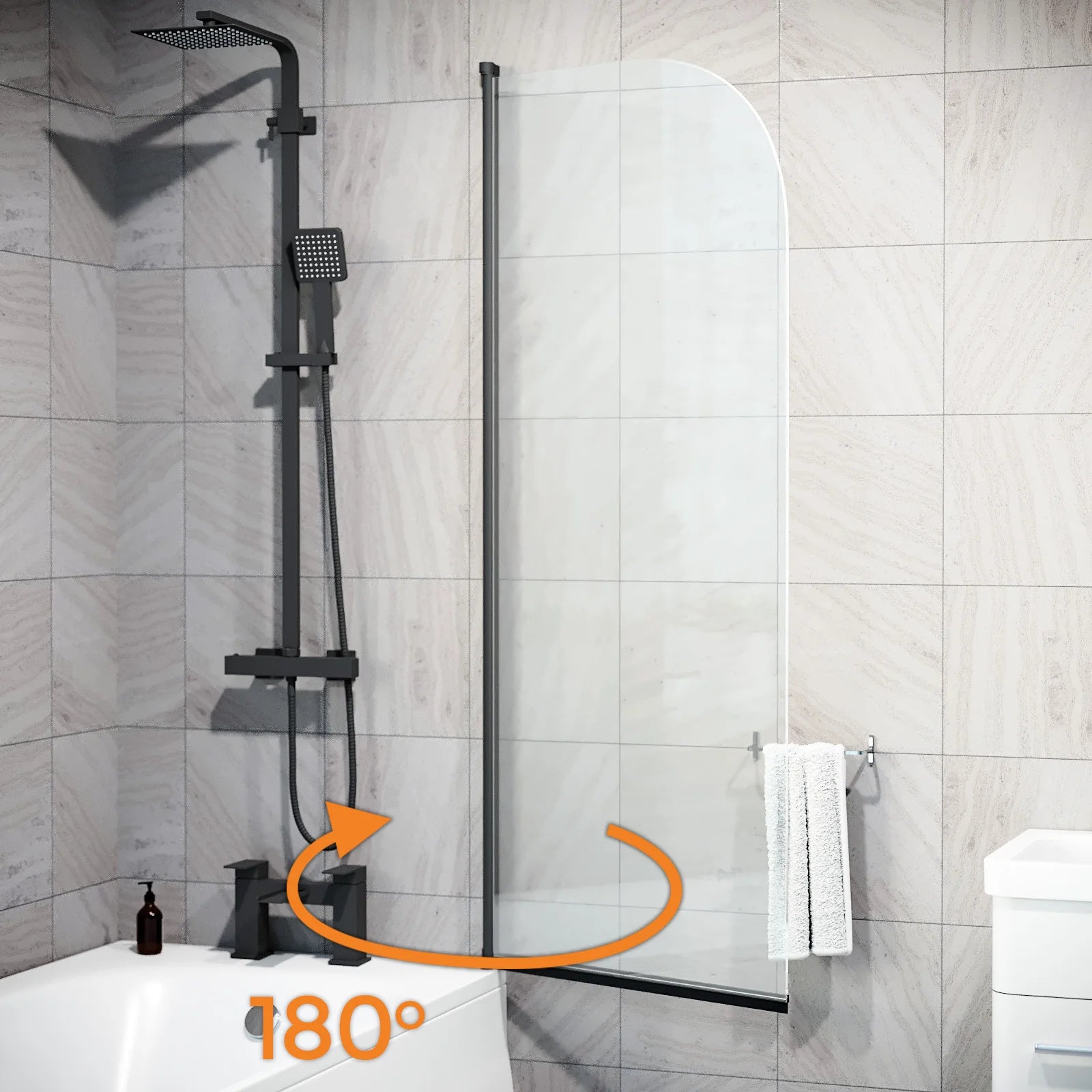 Hinged 600 x 1400mm Bathtub Screen, 5mm Tempered Glass - Matte Black