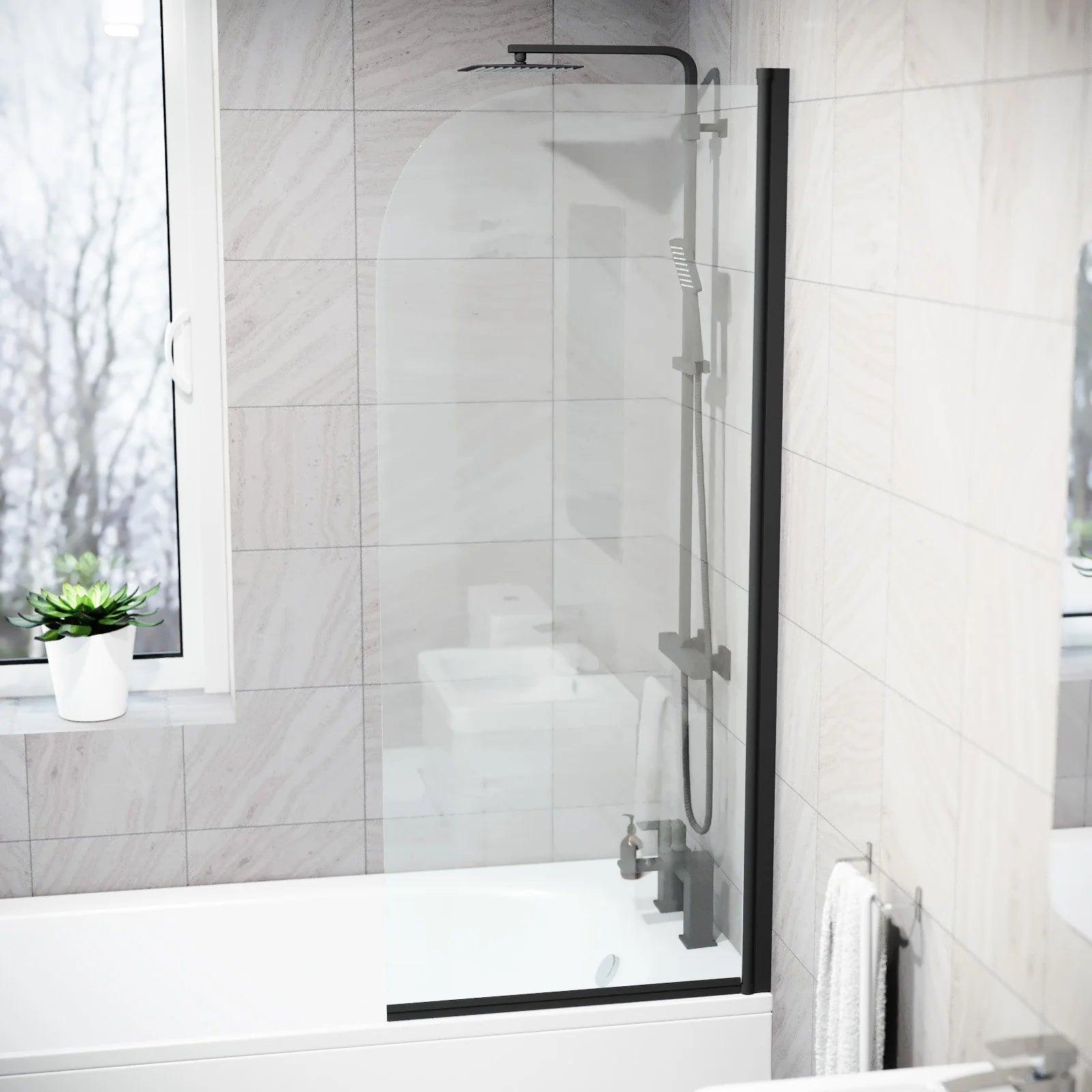 Hinged 600 x 1400mm Bathtub Screen, 5mm Tempered Glass - Matte Black
