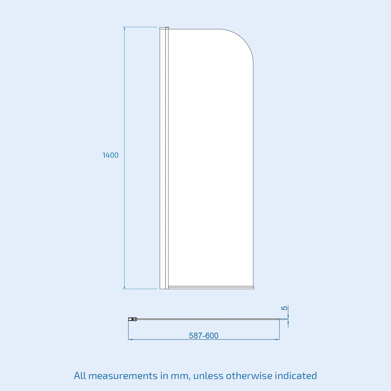 Hinged 600 x 1400mm Bathtub Screen, 5mm Tempered Glass - Matte Black