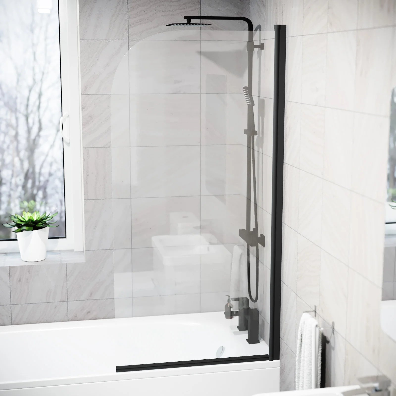 Hinged 700 x 1400mm Bathtub Screen, 5mm Tempered Glass - Matte Black