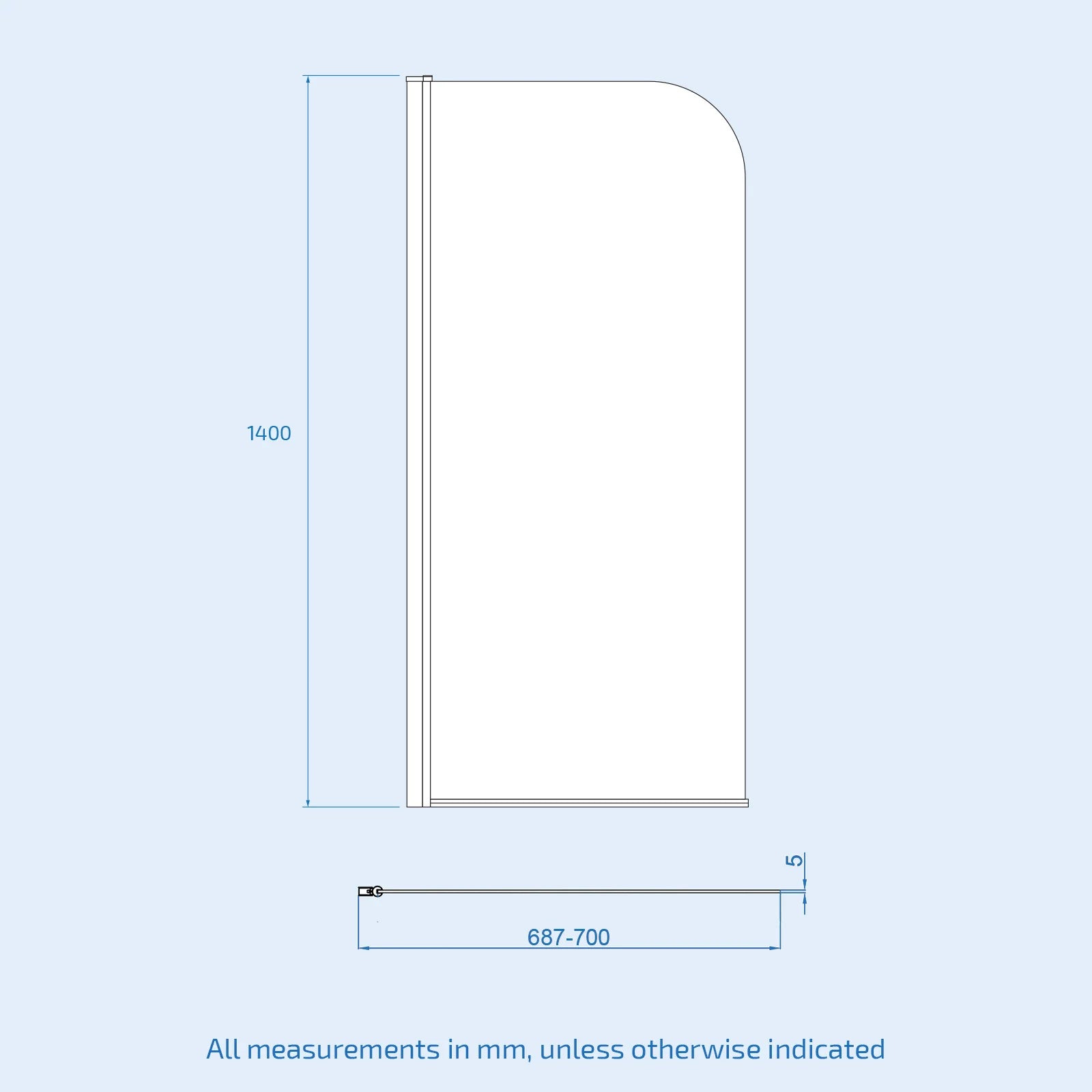 Hinged 700 x 1400mm Bathtub Screen, 5mm Tempered Glass - Matte Black
