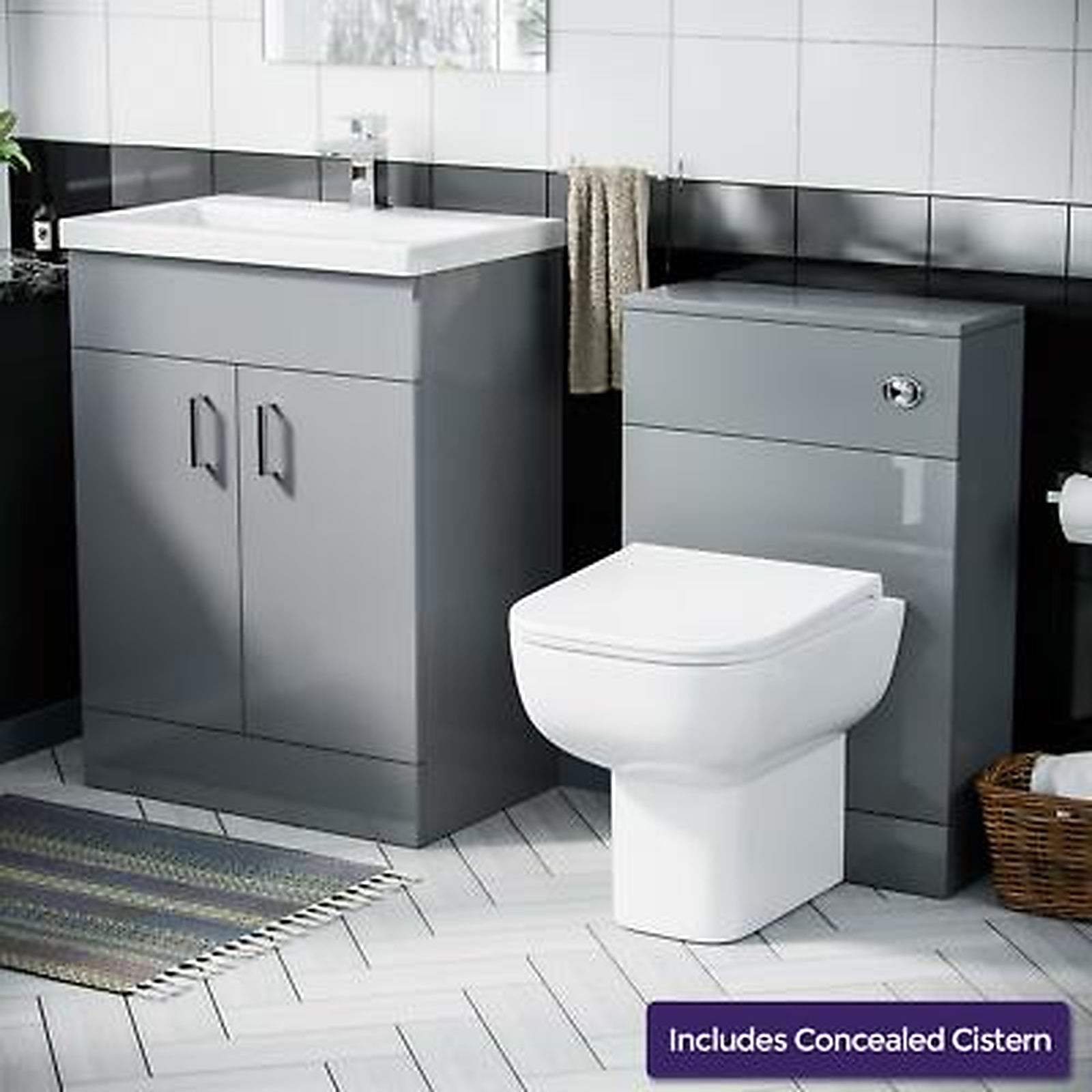 600mm Light Grey Vanity Basin Unit & WC Toilet Cabinet Suite