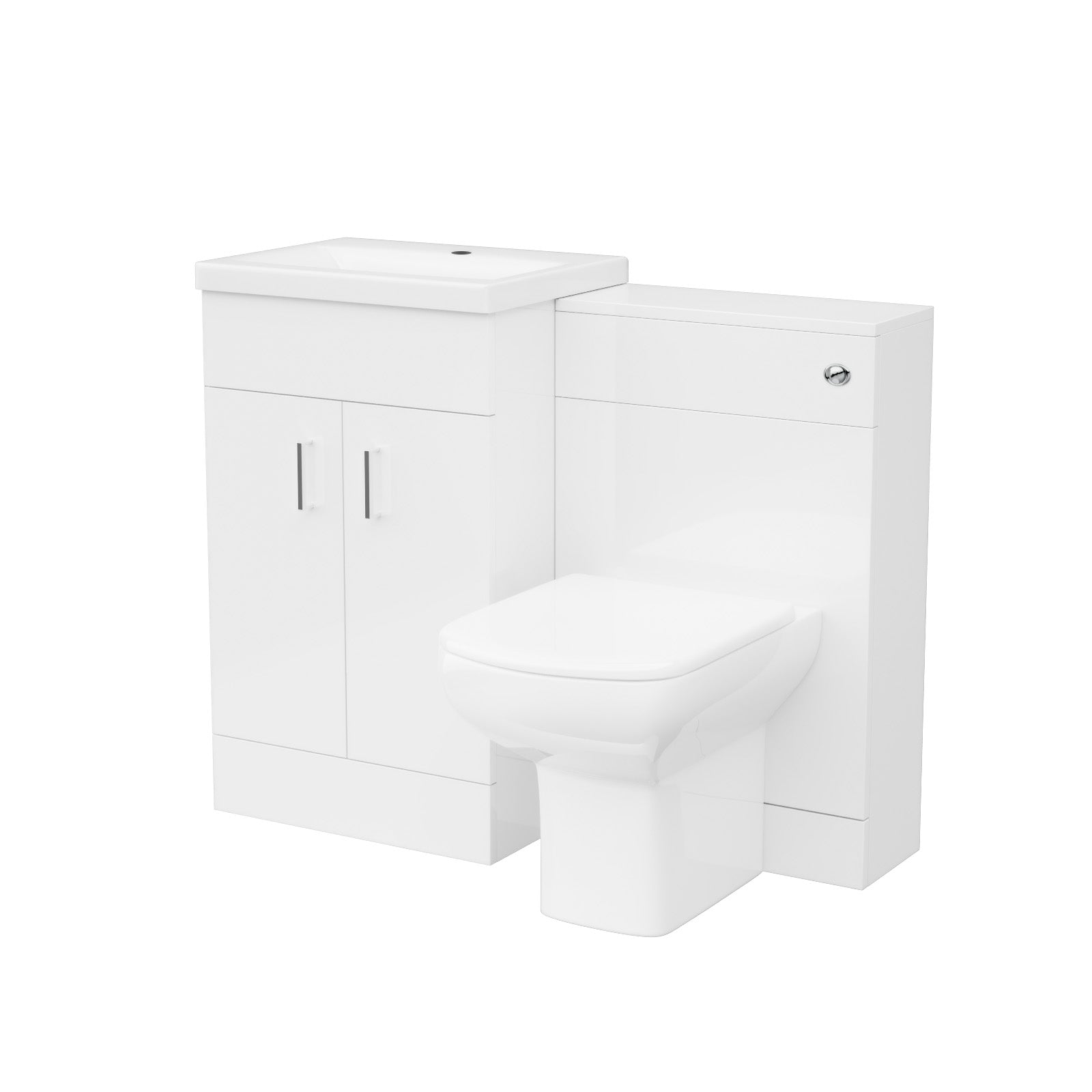White bathroom vanity unit with toilet on a white background