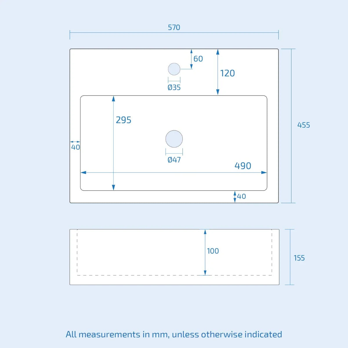 Lomond White 570mm Wall Hung Rectangle Basin