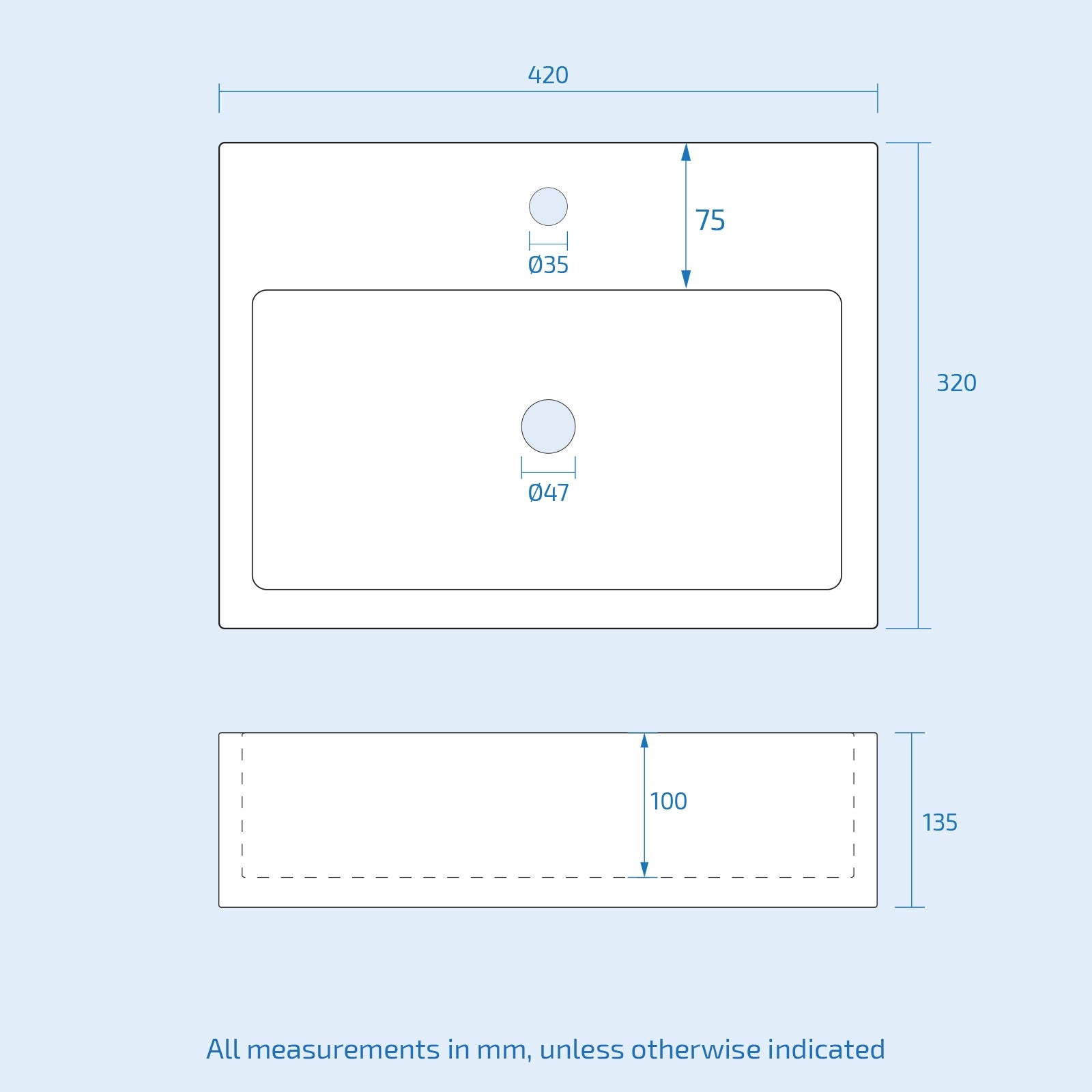 Technical drawing of a rectangular object with dimensions on a light blue background