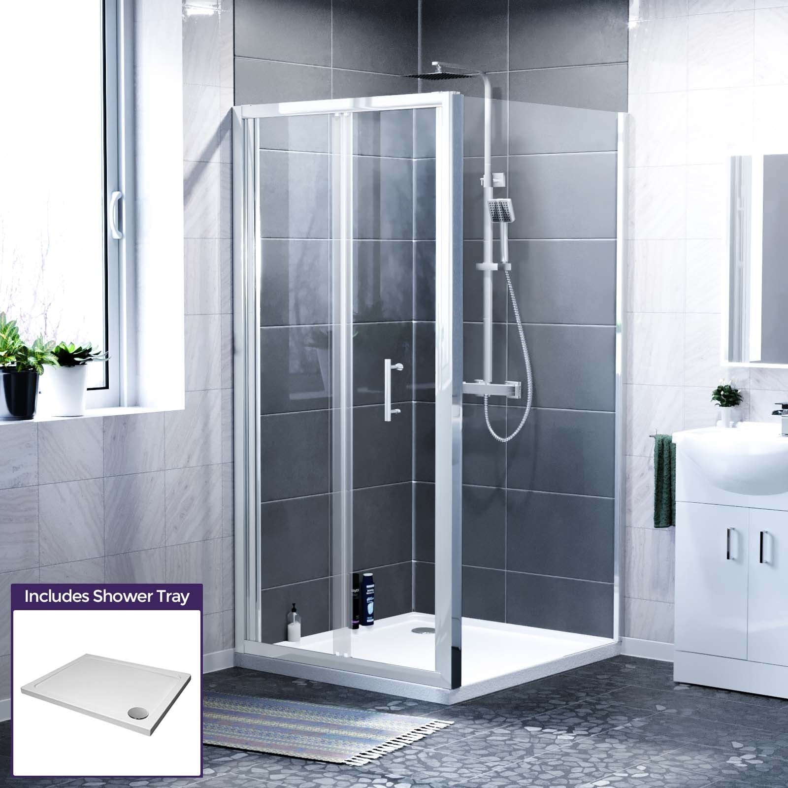 Jupiter Chrome 900mm Shower Bi-Fold Door 900mm Side Panel Enclosure & Tray