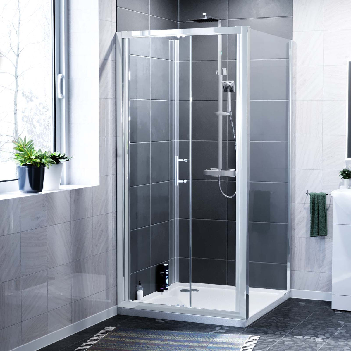 Jupiter Chrome 900mm Shower Bi-Fold Door 900mm Side Panel Enclosure & Tray