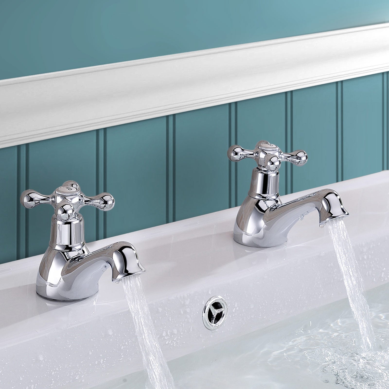 Trafford Cross Head Basin Hot & Cold Tap Pair + Square Waste Chrome
