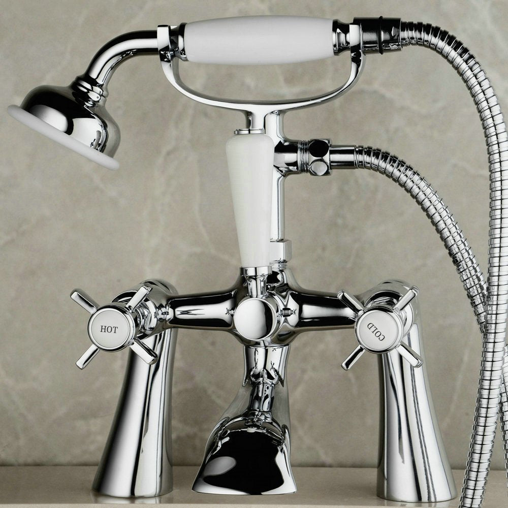 Edwardian Deck Mounted Bath Shower Mixer Tap Quarter Turn Cross Handle