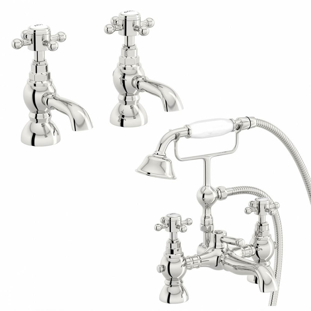 Churchill Traditional Set Of Hot & Cold Basin Taps And Bath Shower Mixer Tap With Handheld Kit