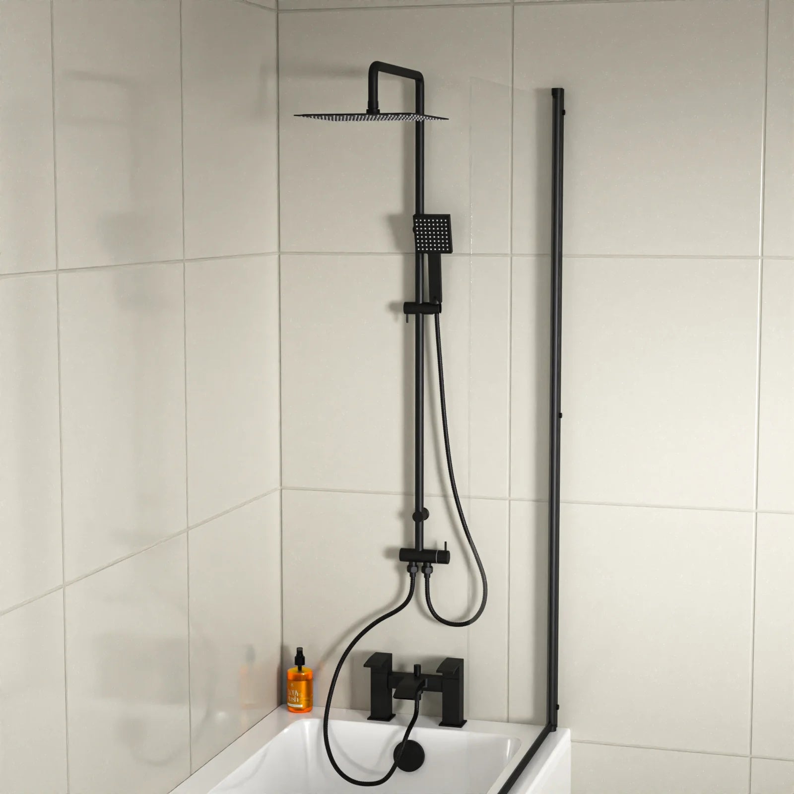 Kinver Square Shower Riser Rail Kit With Bath Mixer Tap & Handset Matte Black