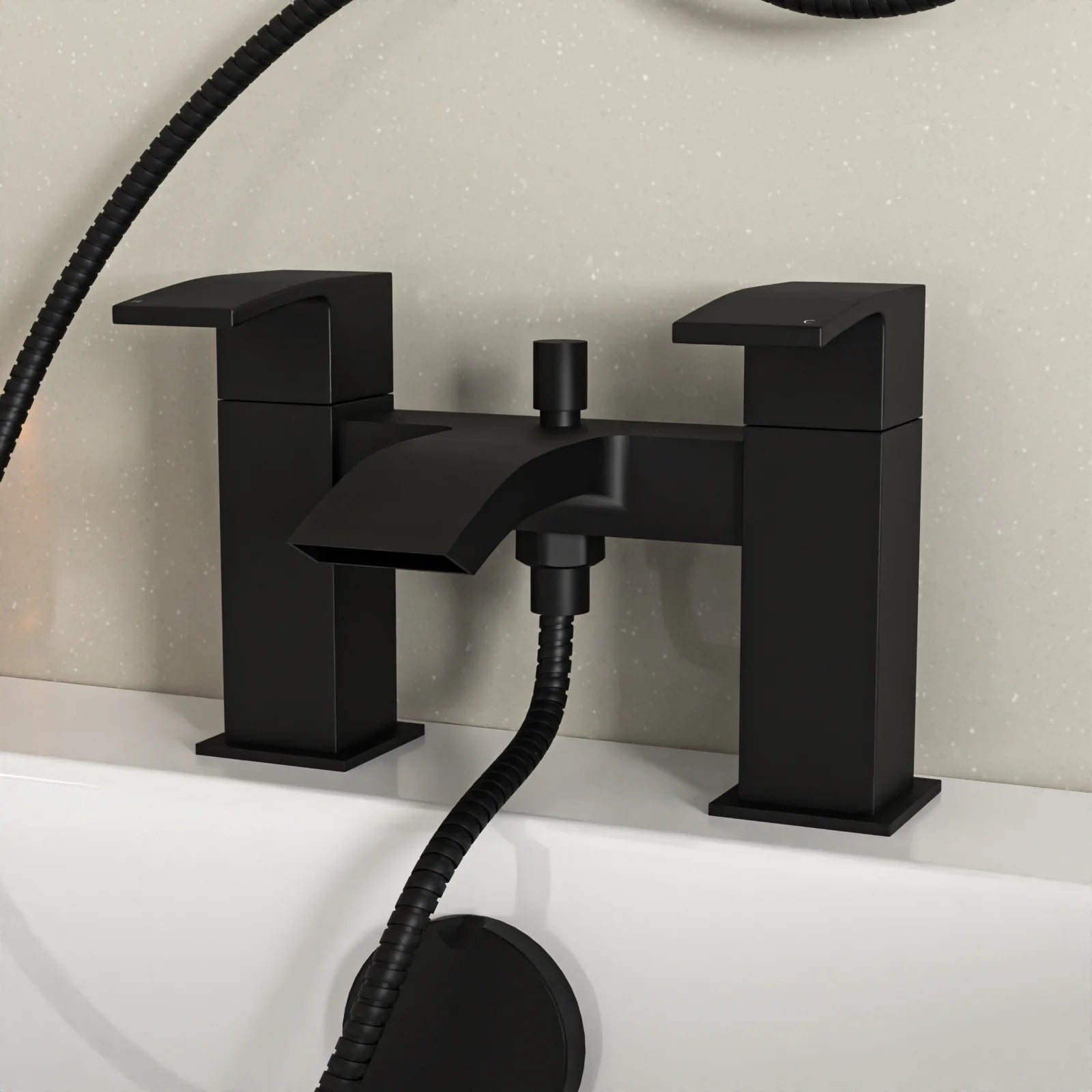 Kinver Square Shower Riser Rail Kit With Bath Mixer Tap & Handset Matte Black
