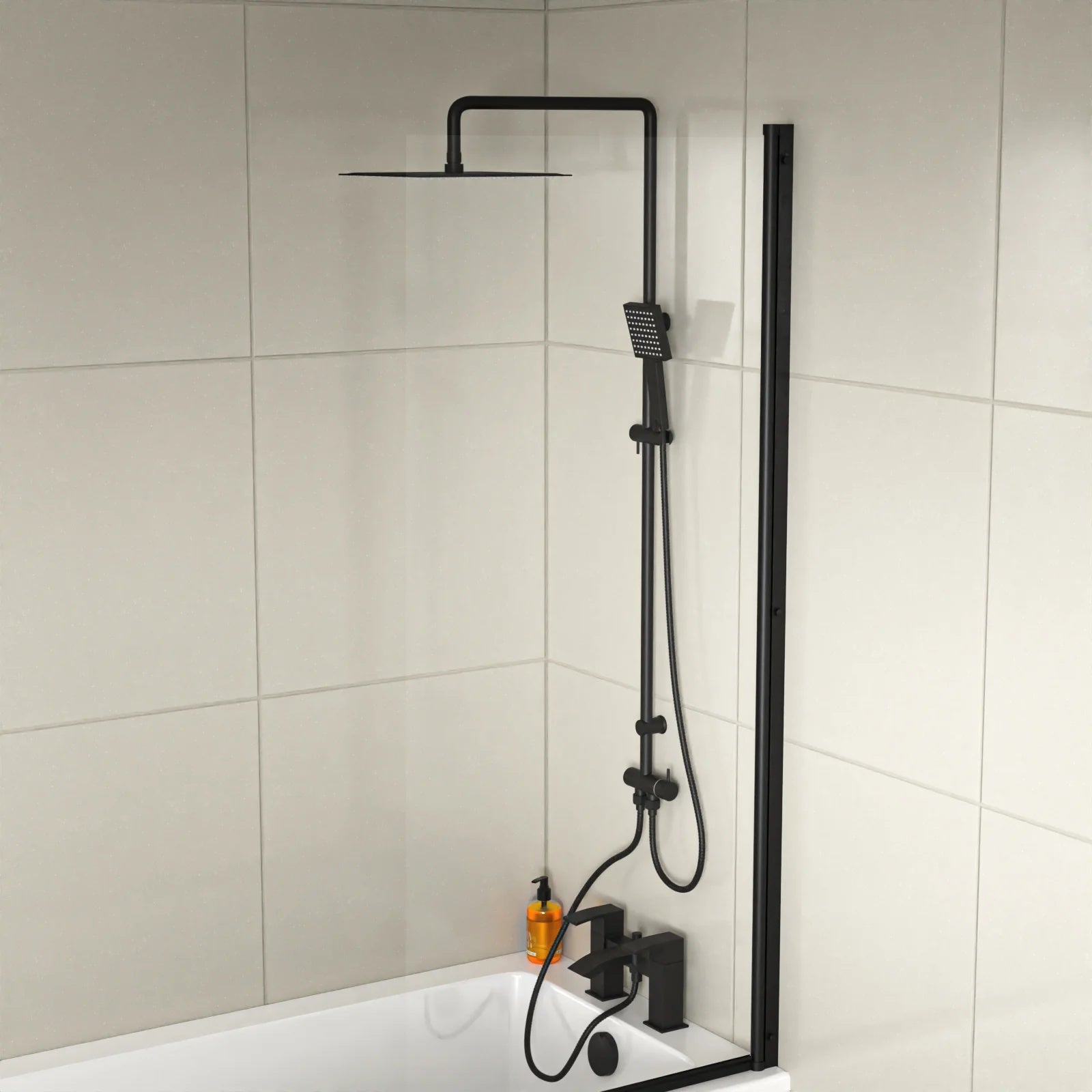 Kinver Square Shower Riser Rail Kit With Bath Mixer Tap & Handset Matte Black