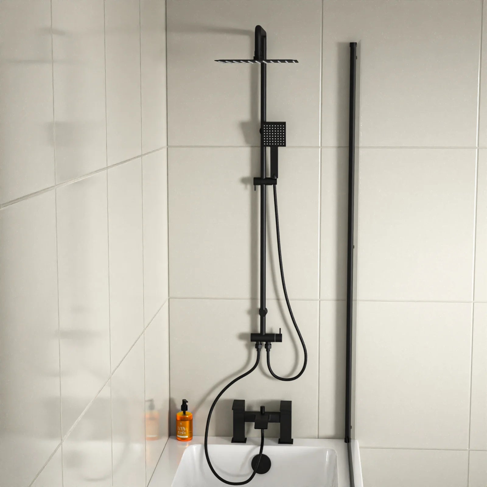 Kinver Square Shower Riser Rail Kit With Bath Mixer Tap & Handset Matte Black