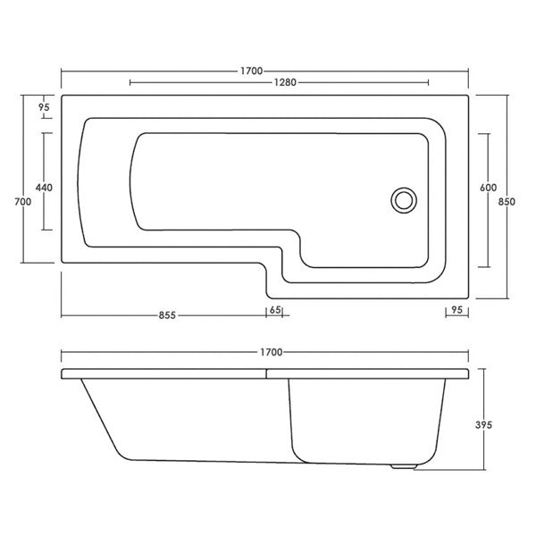 Glossy White 1700 x 850mm Acrylic Square L Shaped Shower Bath + 5mm Square Shower Screen - Right Hand