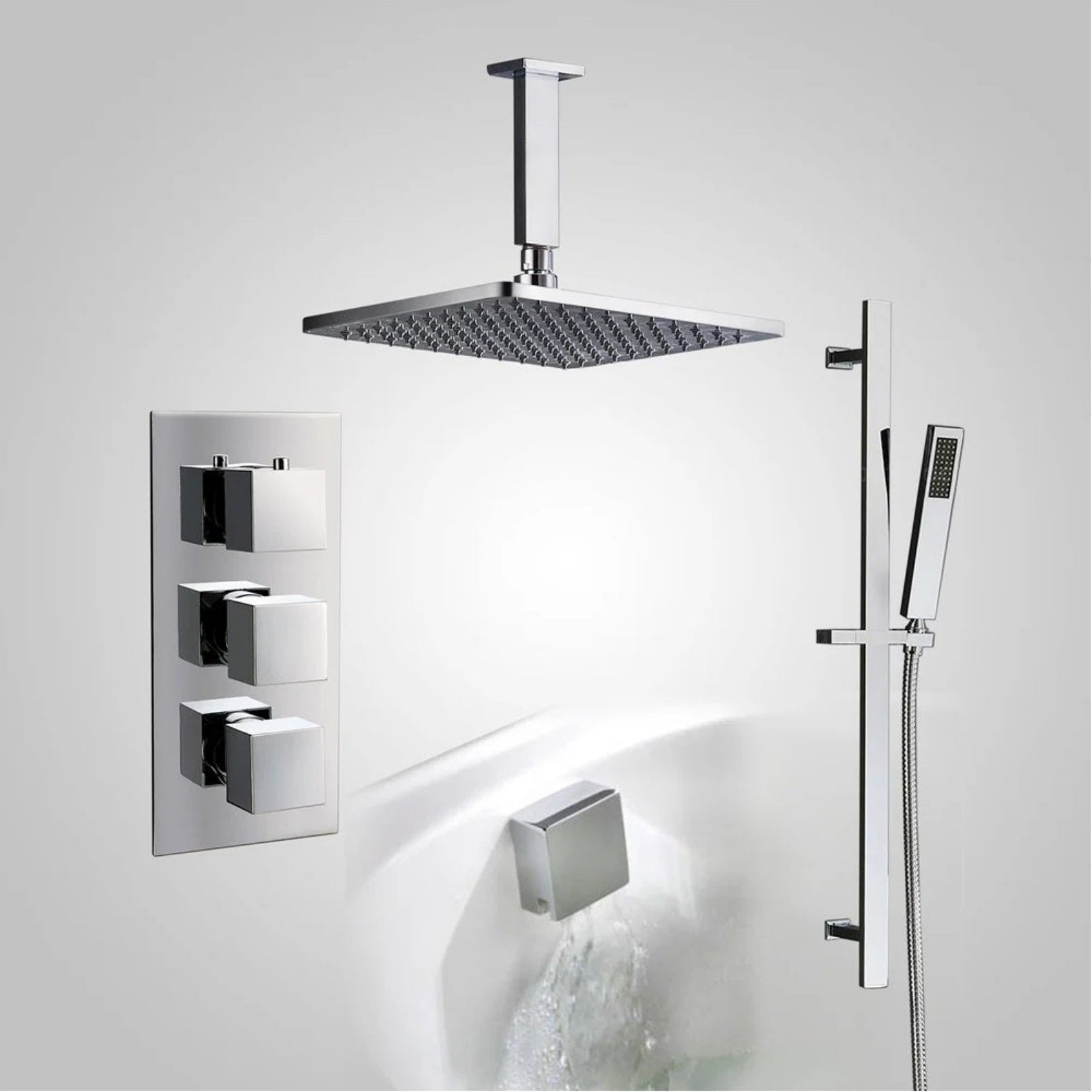 Lilly Chrome 3 Dial 3 Way Square Concealed Thermostatic Mixer Valve, Slider Rail, Square Handset, Square Ceiling Shower Head, Bath Filler & Waste
