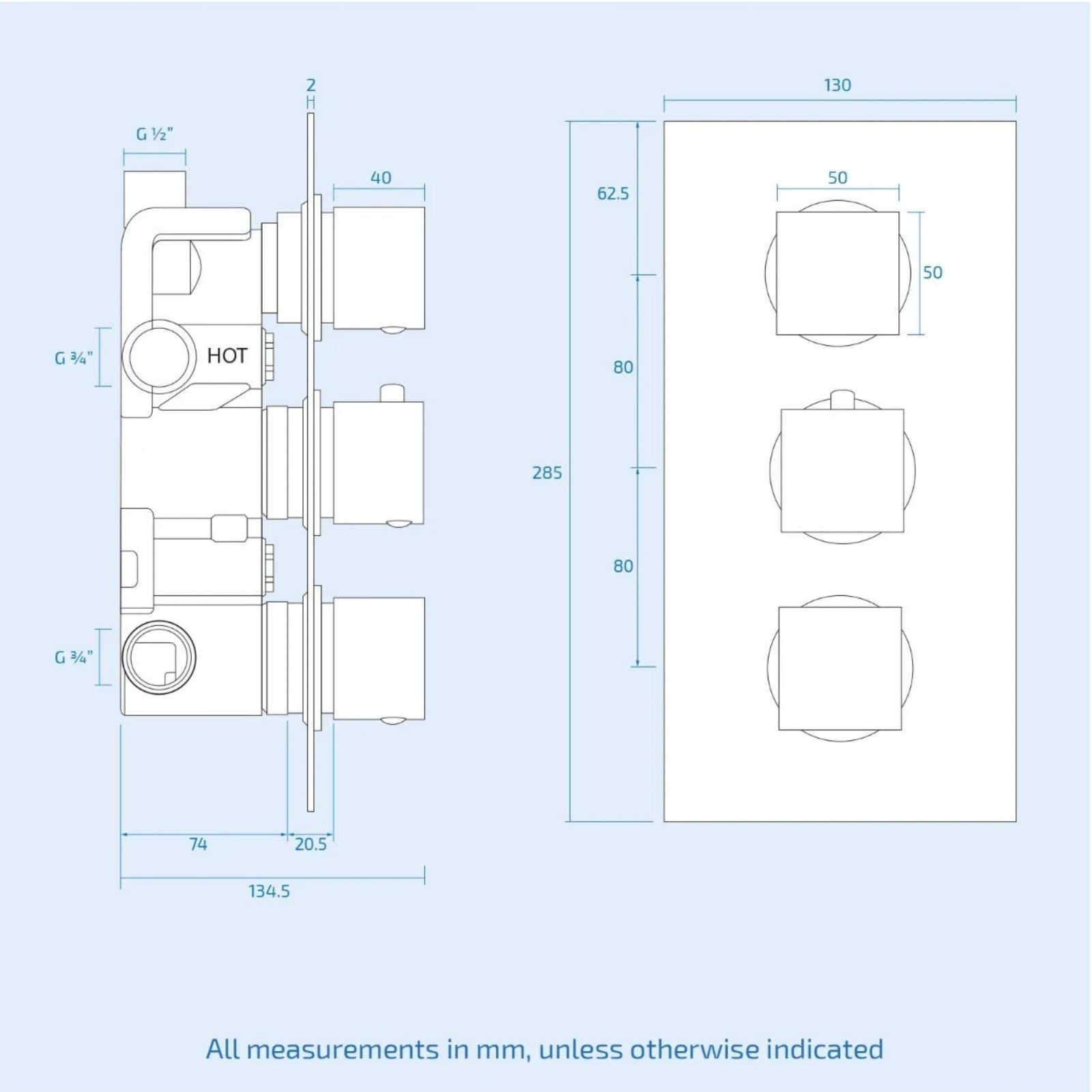 Lilly Chrome 3 Dial 3 Way Square Concealed Thermostatic Mixer Valve, Slider Rail, Square Handset, Square Ceiling Shower Head, Bath Filler & Waste