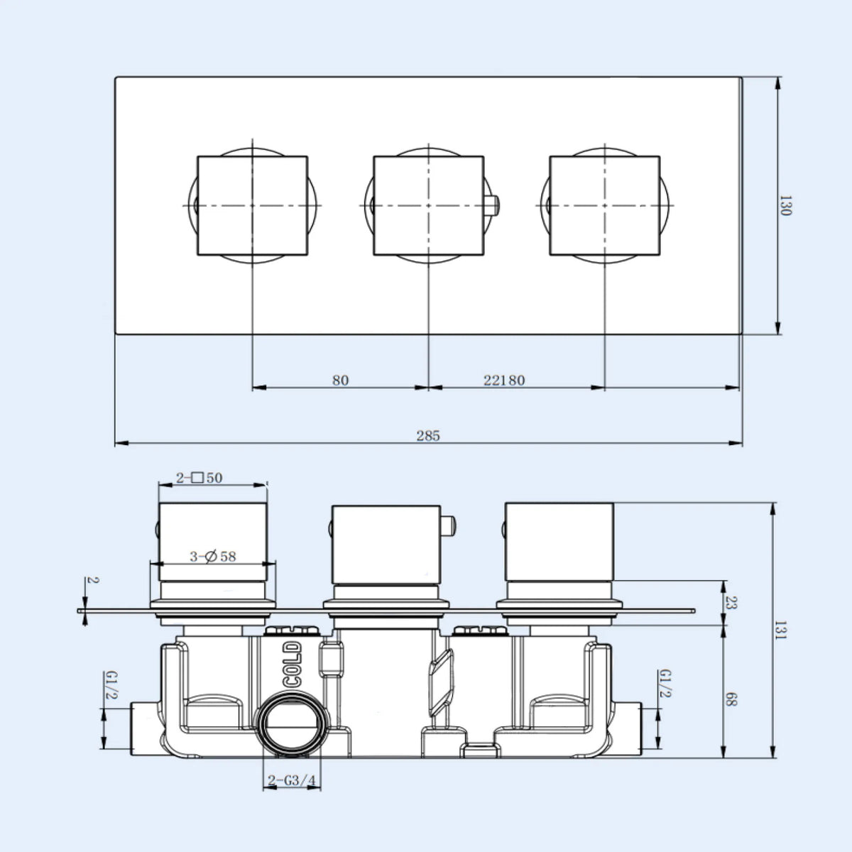 Modern Chrome Square 2-Way 3-Dial Concealed Thermostatic Shower Mixer Valve