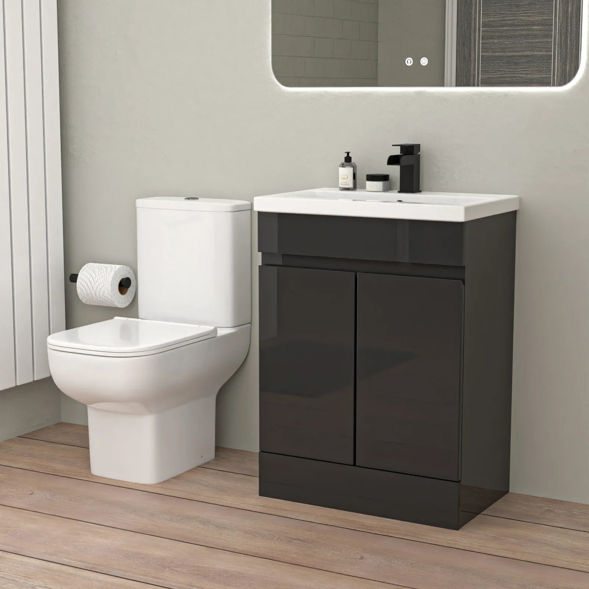 Nanuya 1700mm Bath with Screen, 600mm Anthracite Basin Vanity & Toilet - Complete Set with Matte Black Fittings