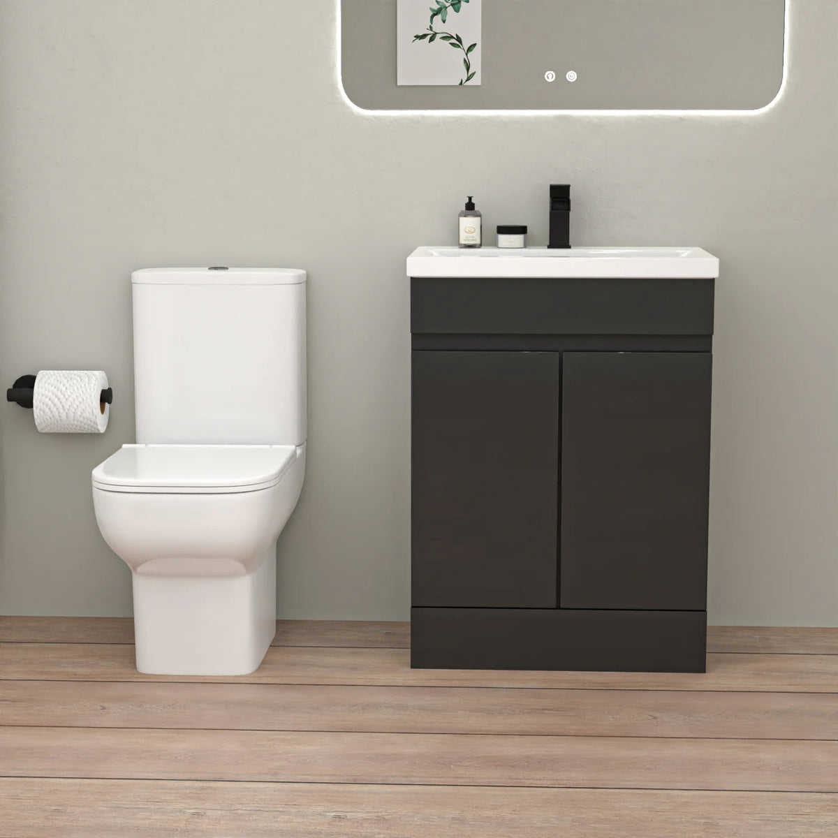 Nanuya 1700mm Bath with Screen, 600mm Anthracite Basin Vanity & Toilet - Complete Set with Matte Black Fittings