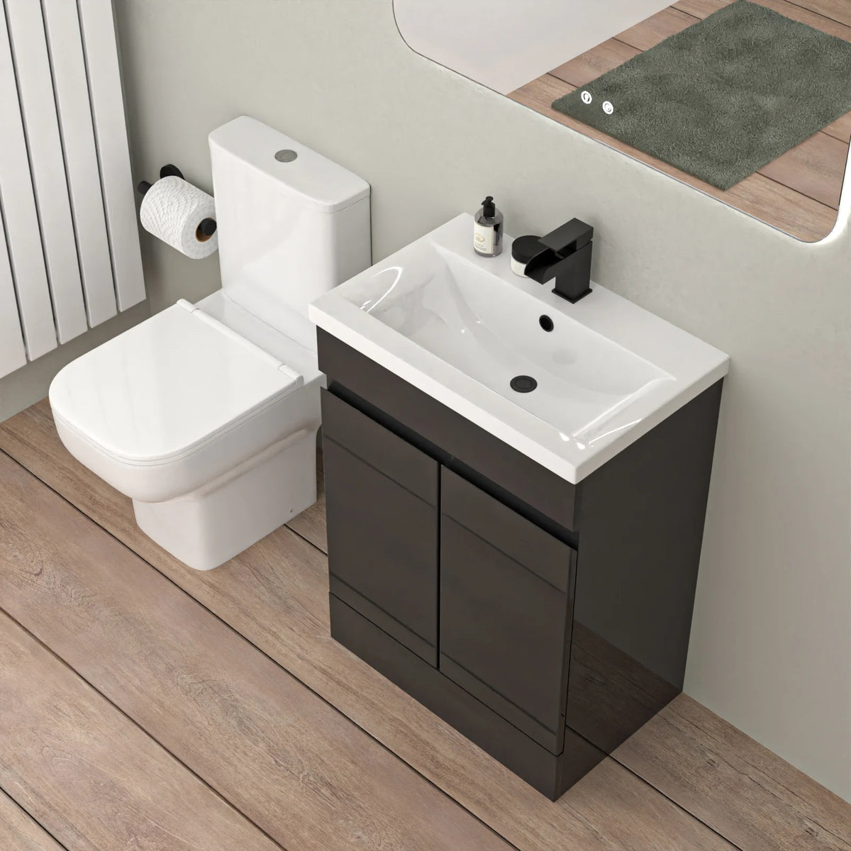 Nanuya 1700mm Bath with Screen, 600mm Anthracite Basin Vanity & Toilet - Complete Set with Matte Black Fittings
