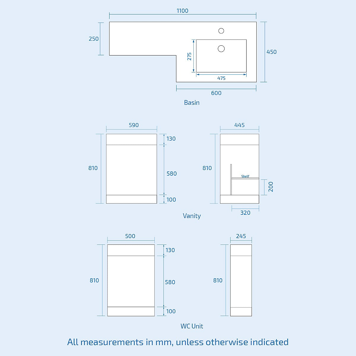 Aric 1100mm White RH Vanity Unit Basin Sink Cabinet and BTW Toilet Flat Pack