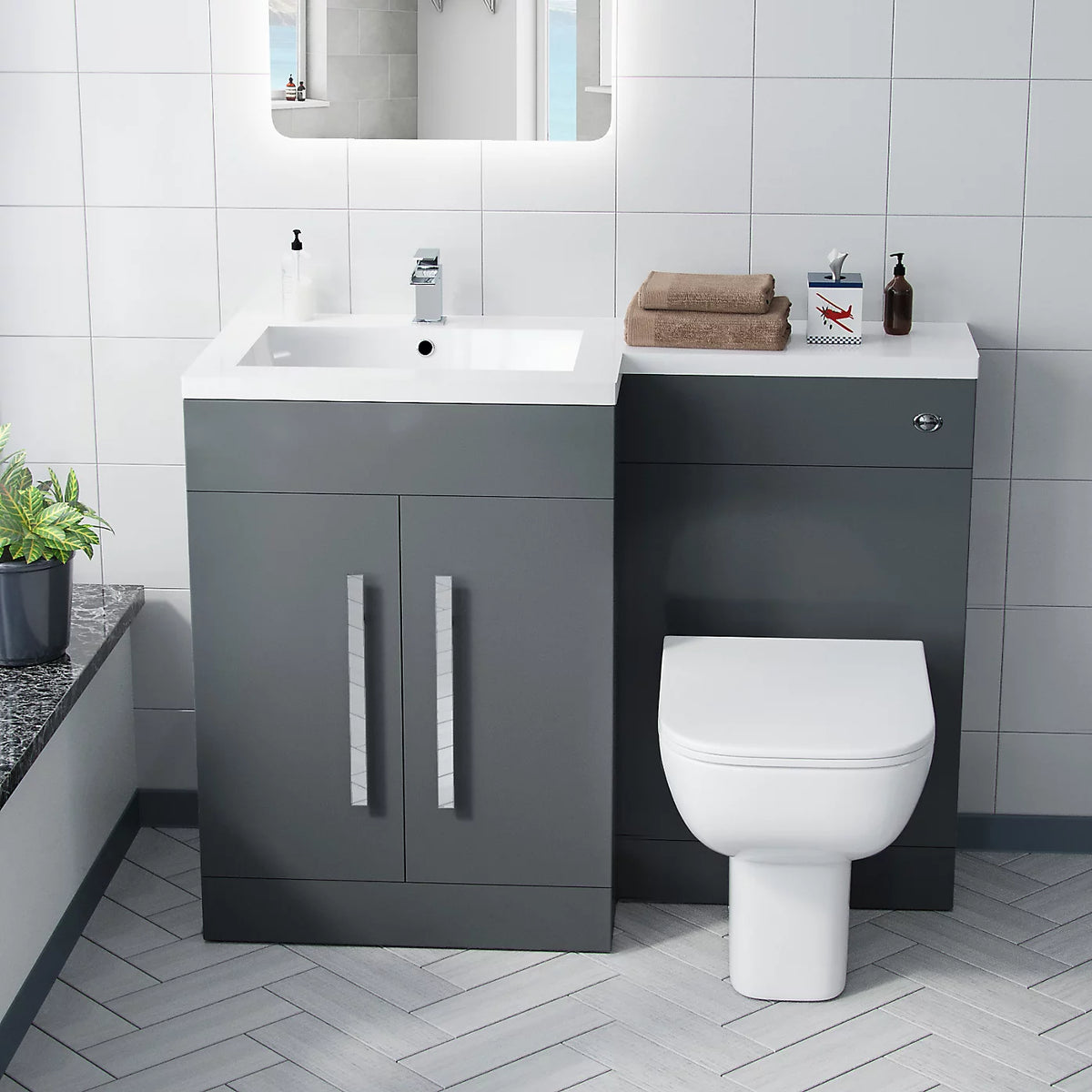 Aric Dark Grey LH Basin Sink Vanity Cabinet 1100mm & BTW Toilet Flat Pack