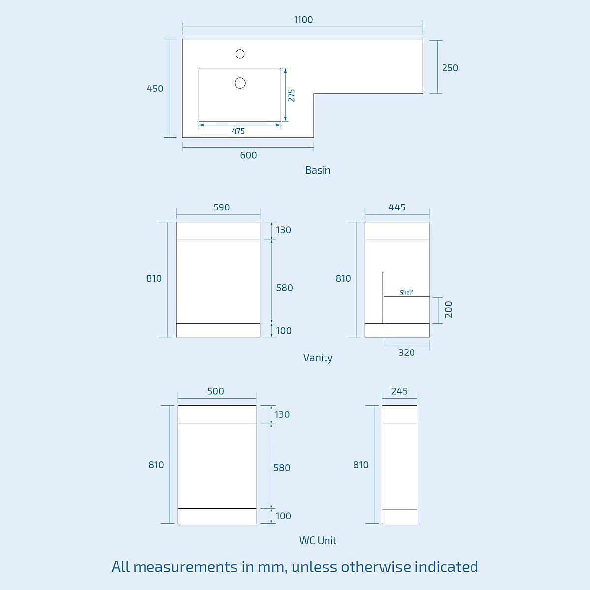 Aric White Left Hand Side 1100mm Vanity Basin Unit, WC Unit & Back To Wall Toilet