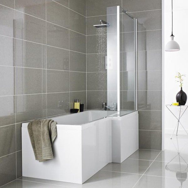 Glossy White 1700 x 850mm Acrylic Square L Shaped Shower Bath + 5mm Square Shower Screen - Right Hand