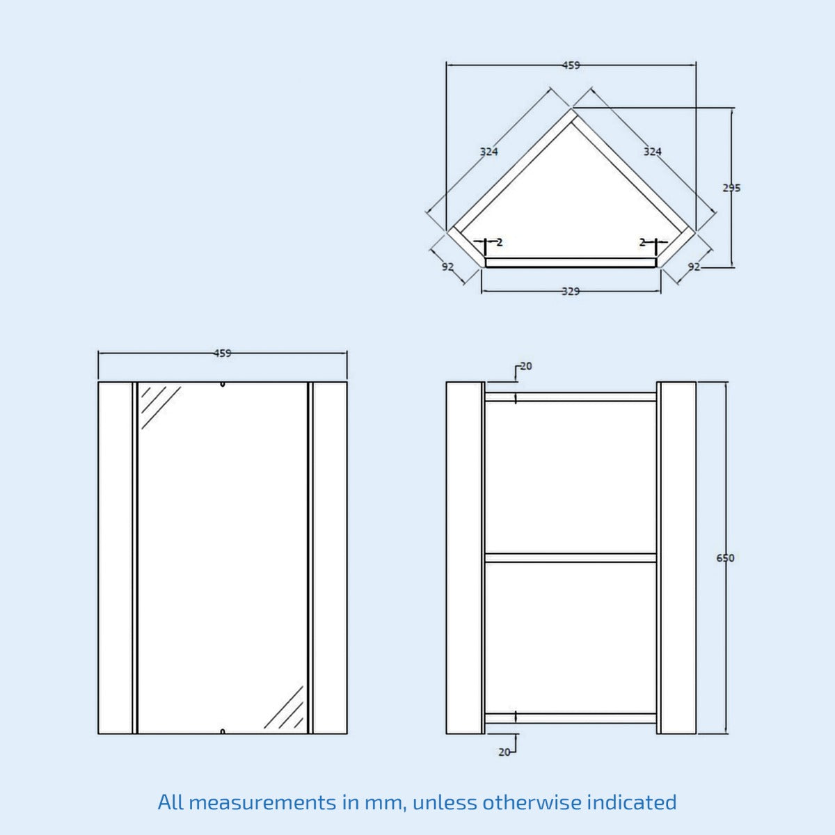 Tully 320 x 320 x 650mm Corner Mirror Cabinet Gloss White