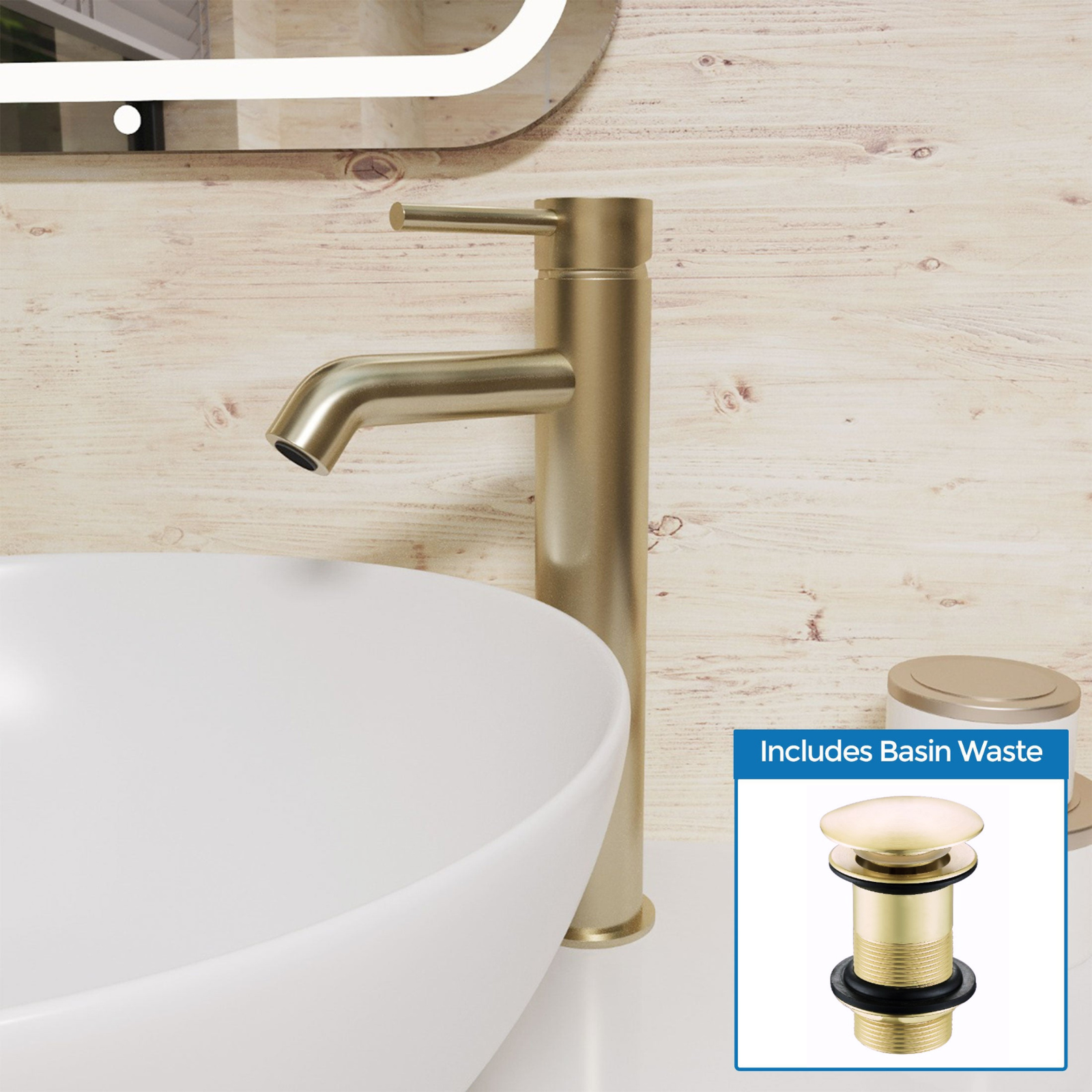 Alice Countertop Brushed Brass Tall Round Single Lever Basin Mono Mixer Tap