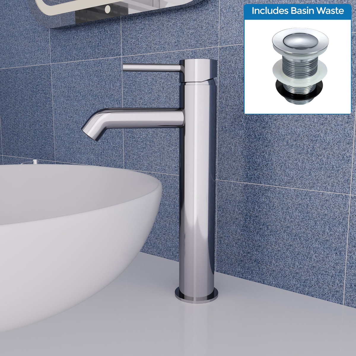 Chrome Round Single Lever High Rise Basin Mono Mixer Tap with Unslotted Waste