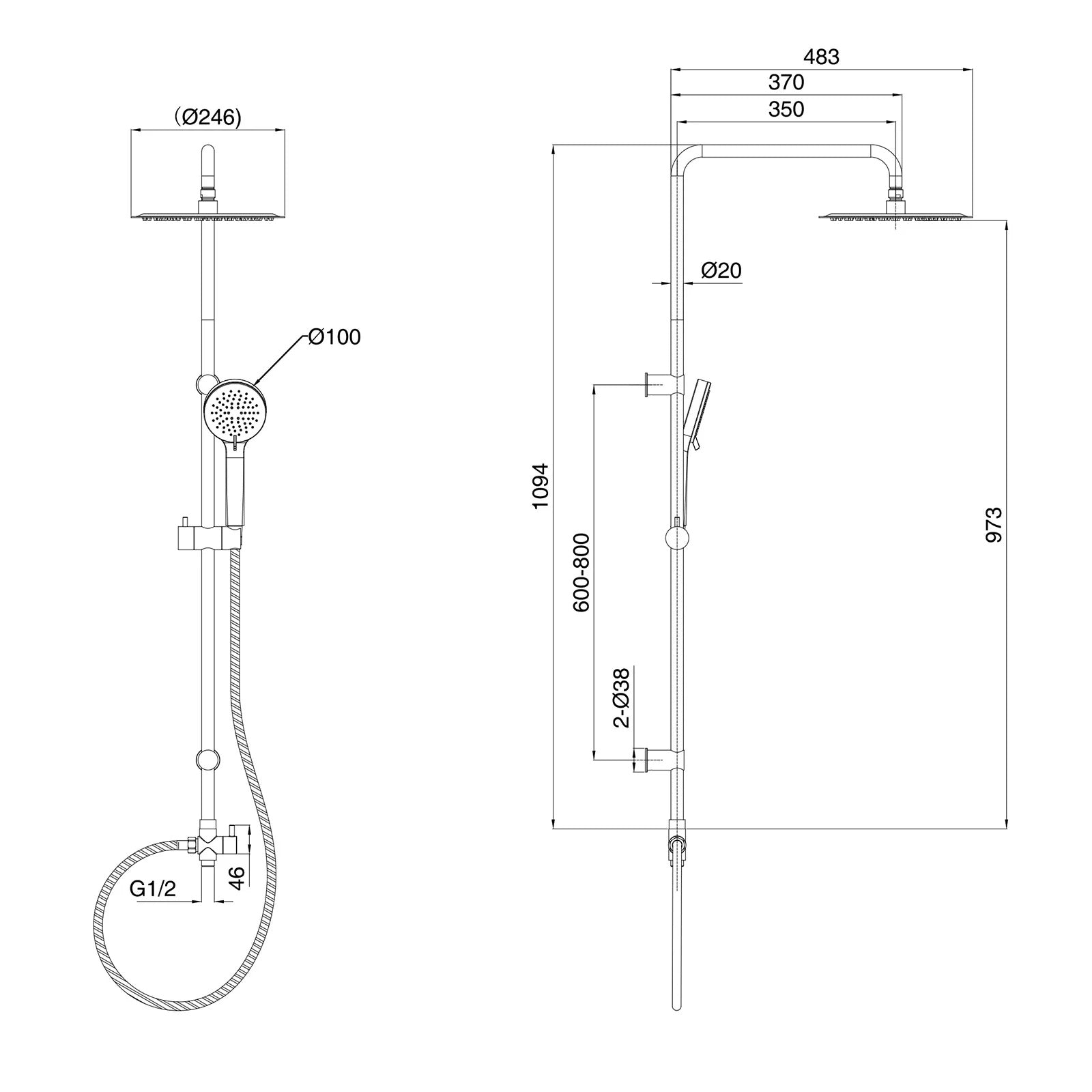 Overhead & Hand Shower Kit, Thermostatic Mixer & Filler Valve - Chrome