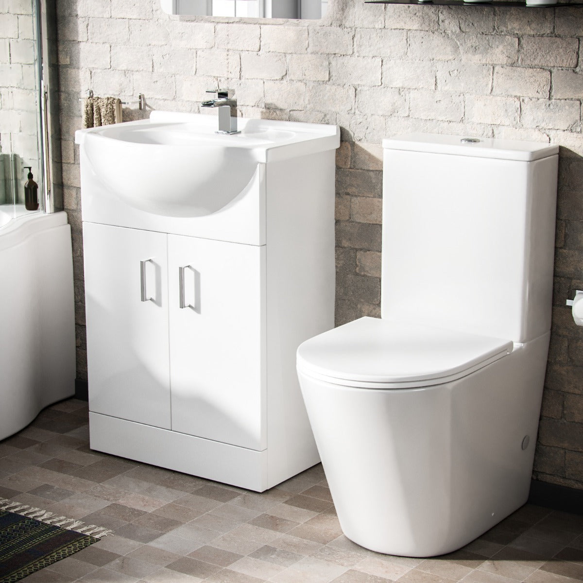 Ellen 1700mm RH P-Shaped Shower Bath with Screen & Front Panel, 550mm White Floor Standing Basin Vanity Unit & Close Coupled Toilet