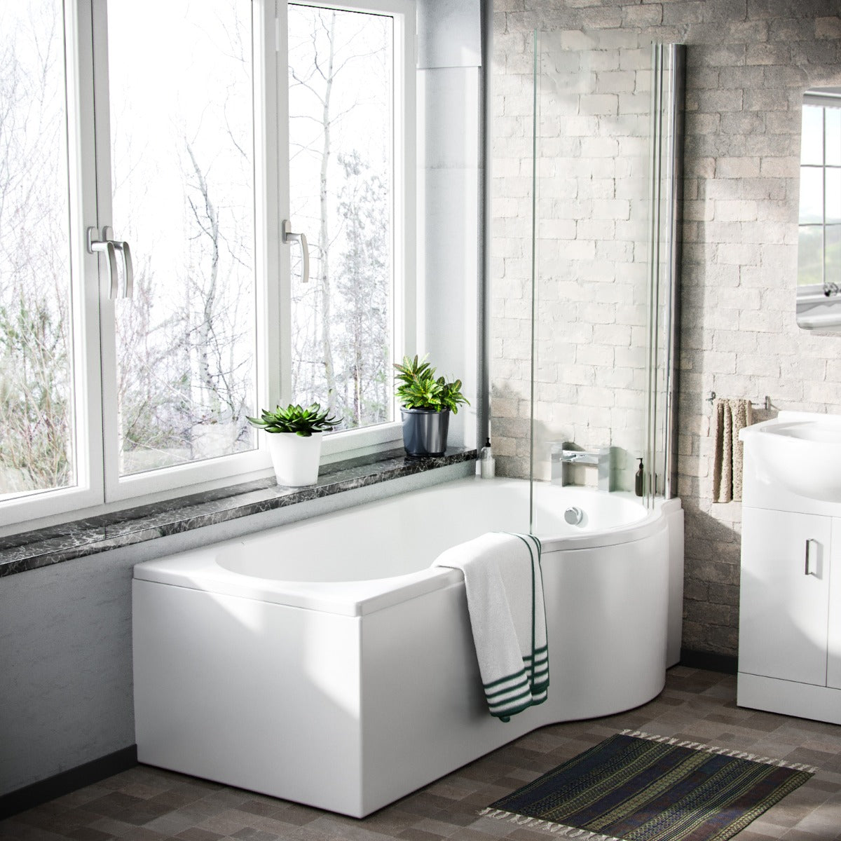 Ellen 1700mm RH P-Shaped Shower Bath with Screen & Front Panel, 550mm White Floor Standing Basin Vanity Unit & Close Coupled Toilet