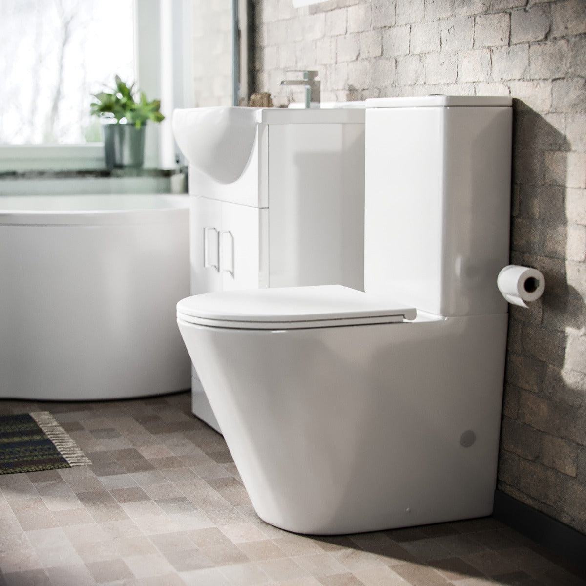 Ellen 1700mm RH P-Shaped Shower Bath with Screen & Front Panel, 550mm White Floor Standing Basin Vanity Unit & Close Coupled Toilet