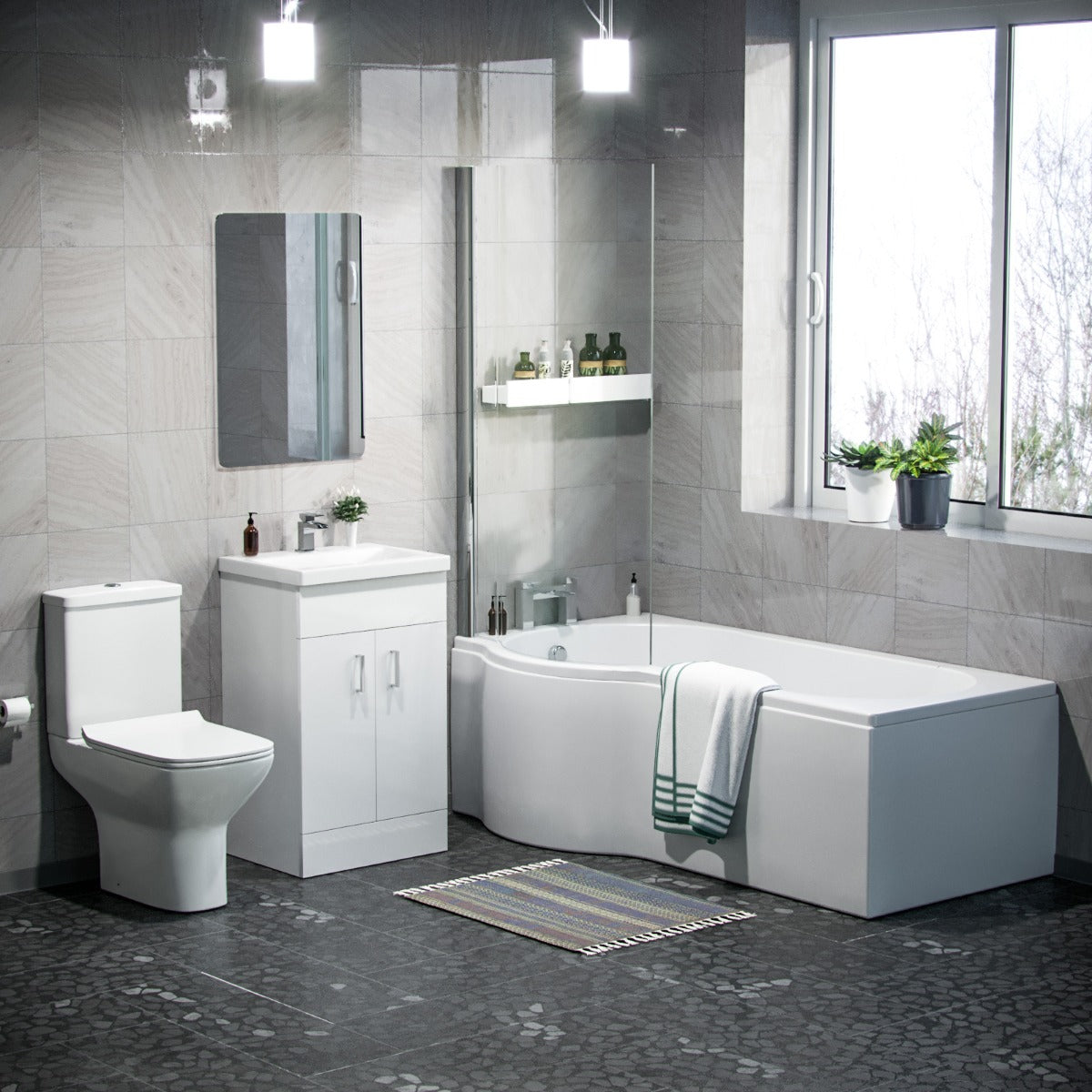 Nanuya P-Shaped LH Bath 500mm Floor Vanity Unit & Close Coupled Toilet Suite