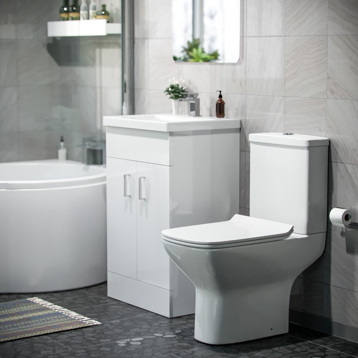 Nanuya P-Shaped RH Bath 500mm Floor Vanity Unit & Close Coupled Toilet Suite