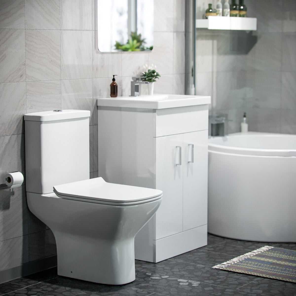 Nanuya P-Shaped LH Bath 500mm Floor Vanity Unit & Close Coupled Toilet Suite